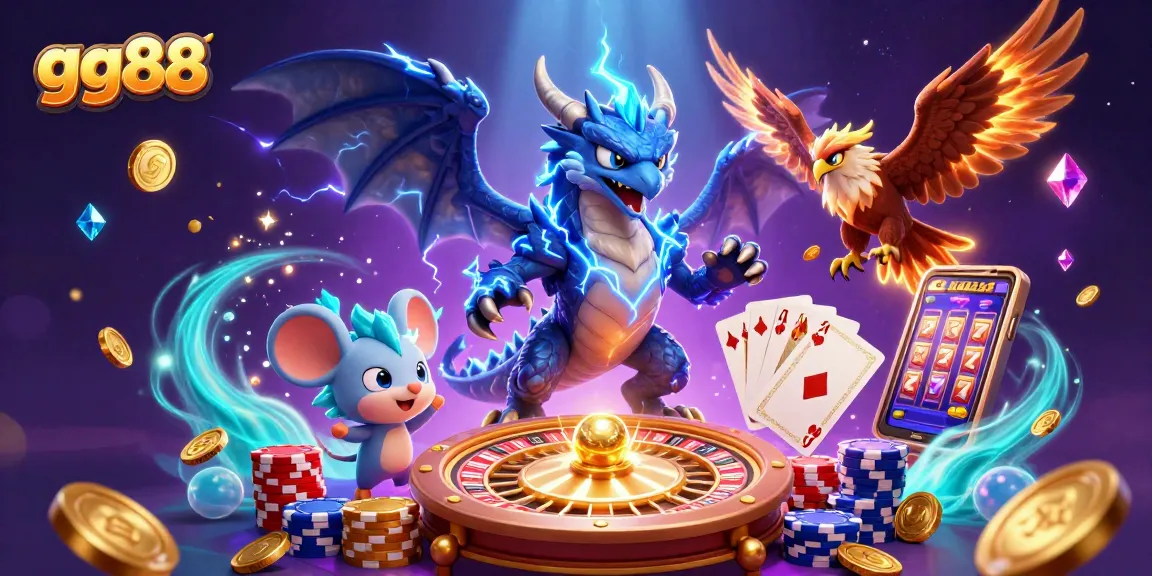 Engage in thrilling gameplay with gg88's dynamic casino illustration featuring vibrant characters and rich game elements.