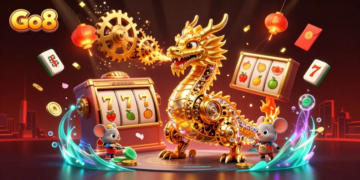 Experience Go8 with a golden dragon and vibrant slot game elements in an exhilarating casino scene.
