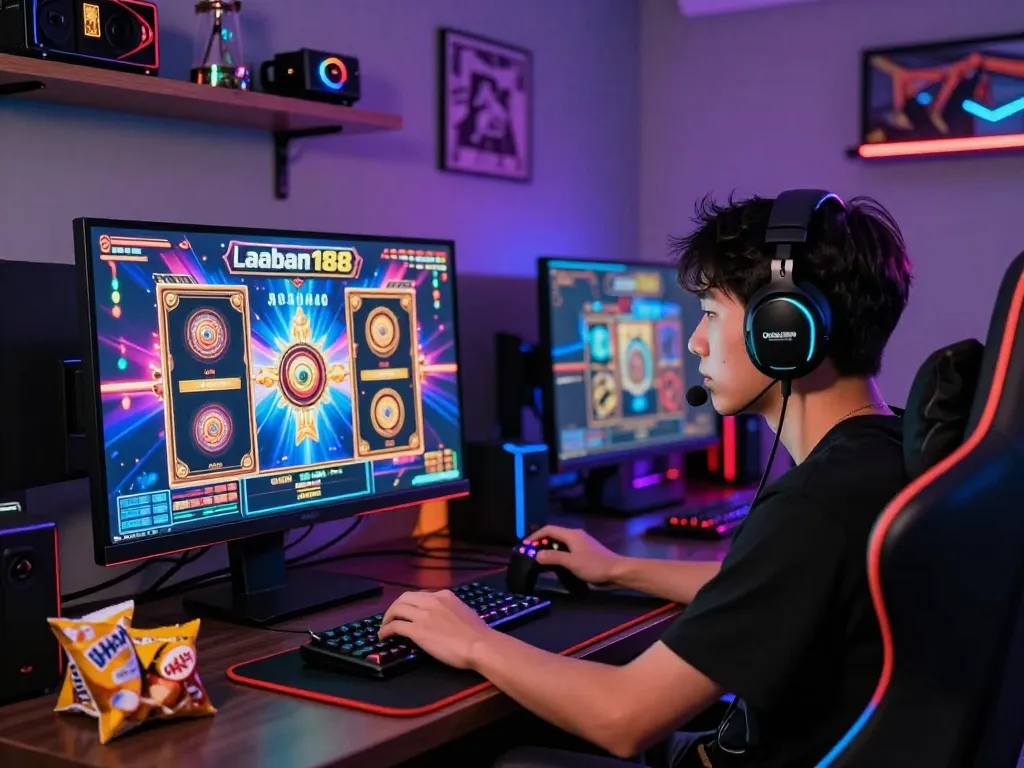 Lingkungan permainan yang menarik dengan pemain yang terlibat dalam slot online laoban188, grafis yang mencolok, dan aksesori permainan.