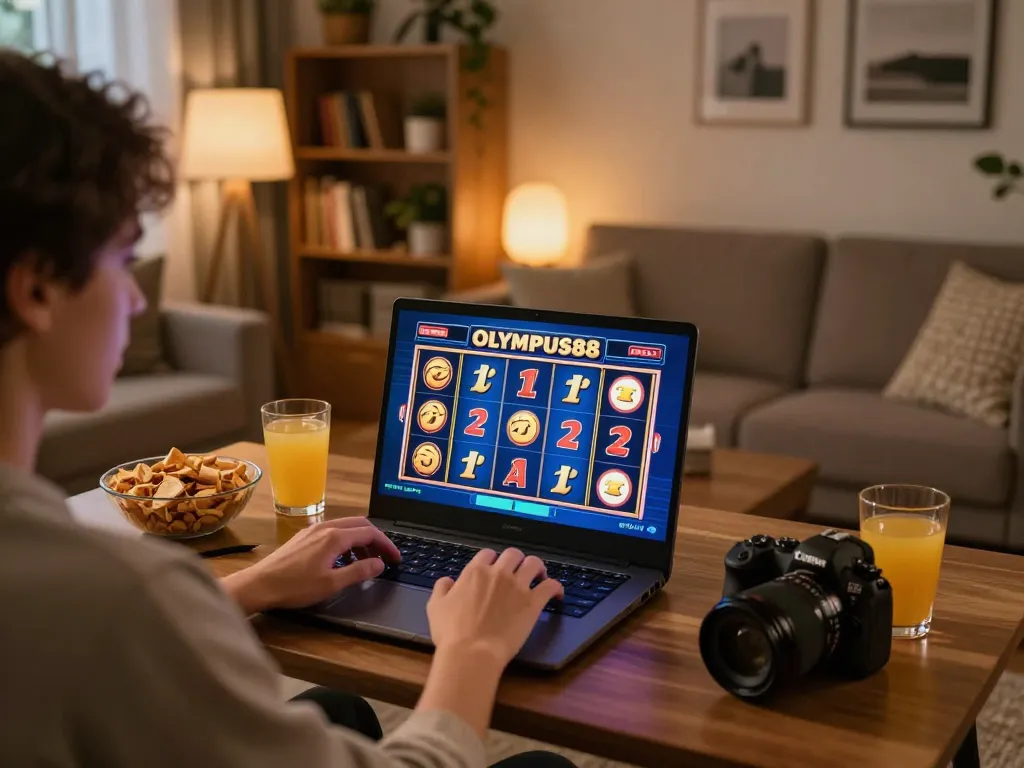 Engaging in exciting OLYMPUS88 online slot gameplay in a cozy home environment