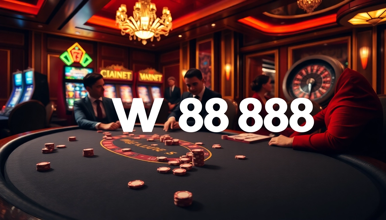 W88 poker players strategizing at a high-stakes table with vibrant chips and cards.