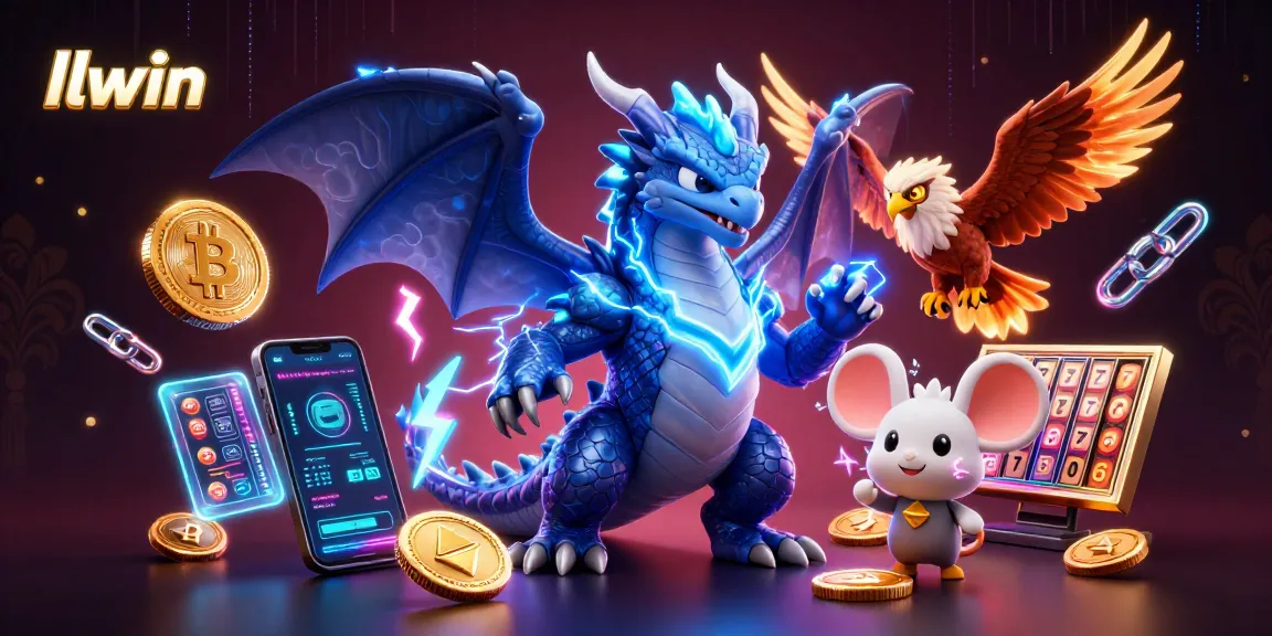 Experience thrilling casino world with llwin's dynamic characters and crypto-themed elements in vibrant 3D illustration.