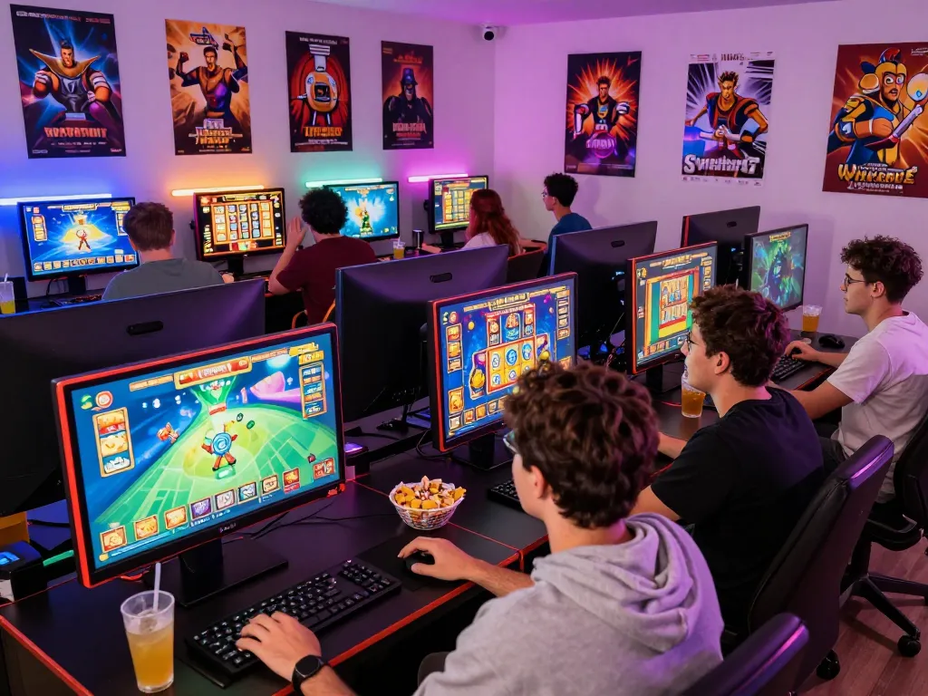 Engage with kerajaanslot in a lively online gaming setup filled with players and vibrant slot game displays.