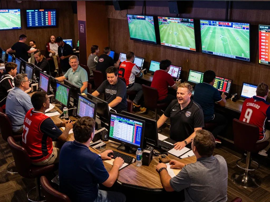 Active sports betting scene showing patrons engaging in soi kèo wagers at a vibrant sportsbook.