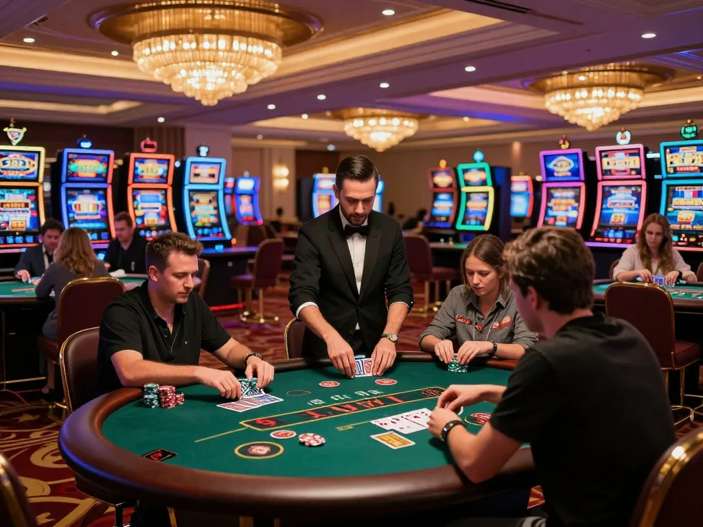 32win thrilling casino atmosphere with poker tables and players enjoying the game.