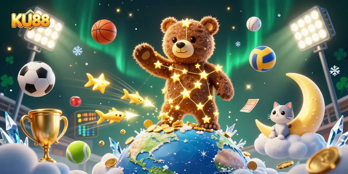 KU88 showcases a vibrant casino scene with winning sports bets and animated gaming characters.