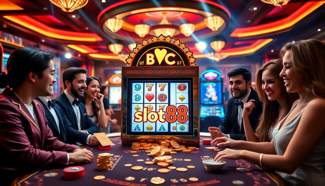 Excited players winning at the slot88 machine in a vibrant casino setting filled with luxury.