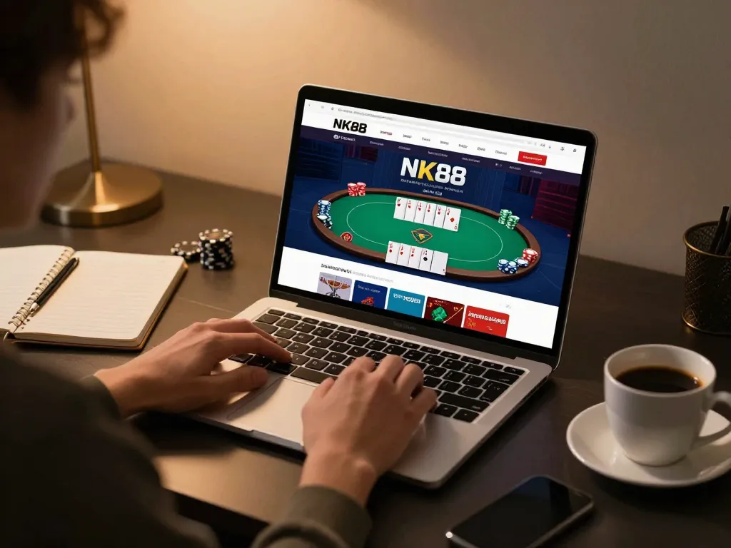 Navigating the NK88 Homepage for online poker gameplay with strategic focus.