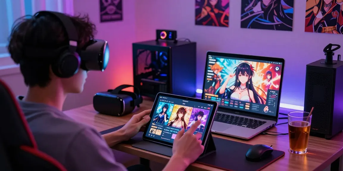 User enjoying interactive hentai AI chat on tablet in a cozy gaming setup.