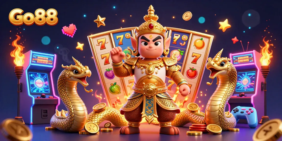 Play exciting slots with Go 88 featuring vibrant slot reels, golden guardian, and dynamic casino elements.