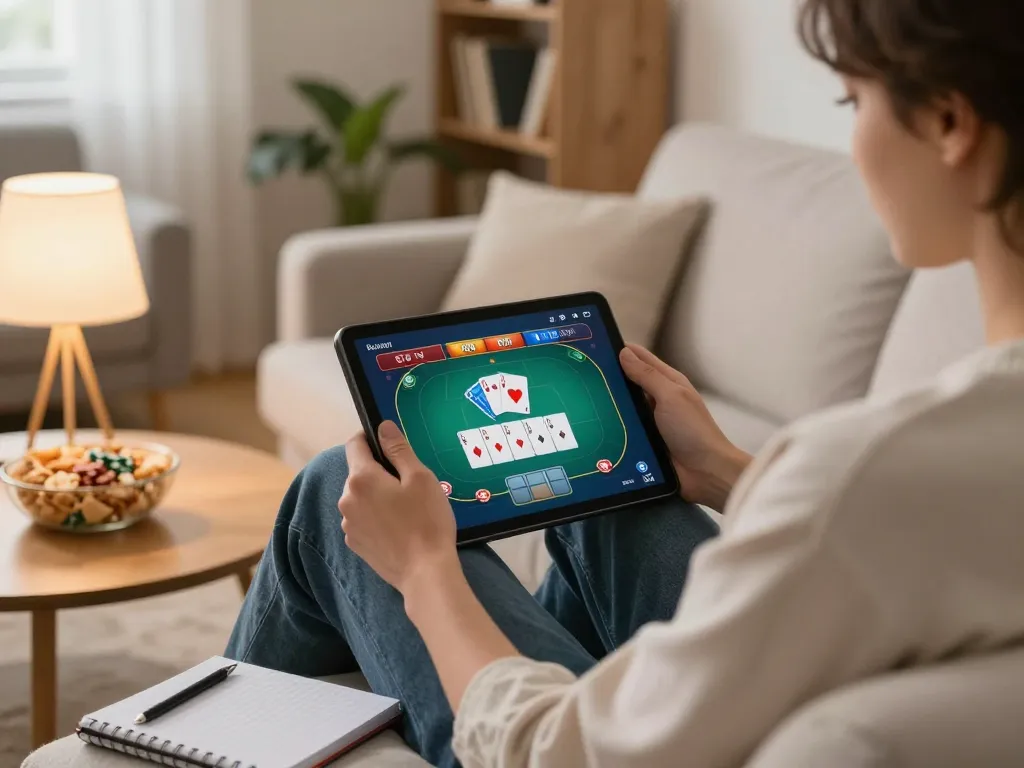 Player enjoying online poker on tablet at home, showcasing tg88 gaming features and comfortable setup.