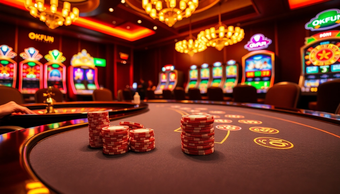 Players engaging in high-stakes gaming at an Okfun casino table, featuring vibrant lights and poker chips.