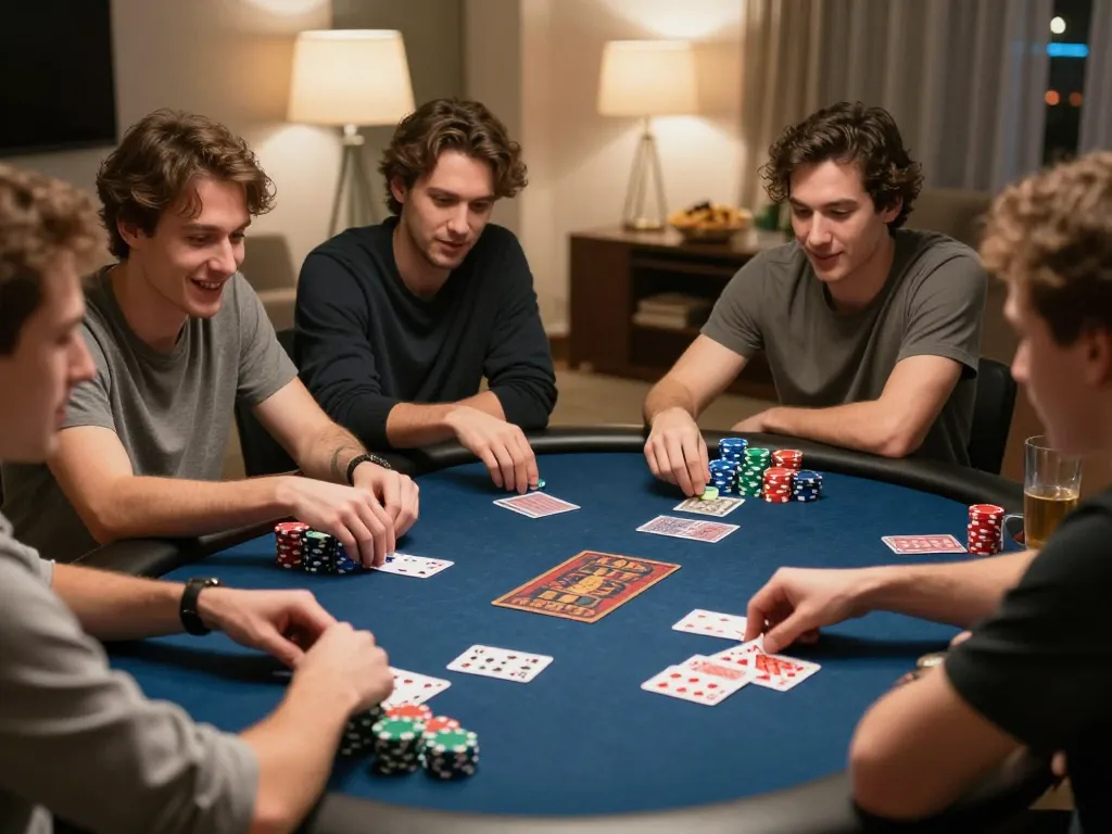Friends enjoying a thrilling poker game at home, showcasing hello88 spirit of social gambling and strategy.