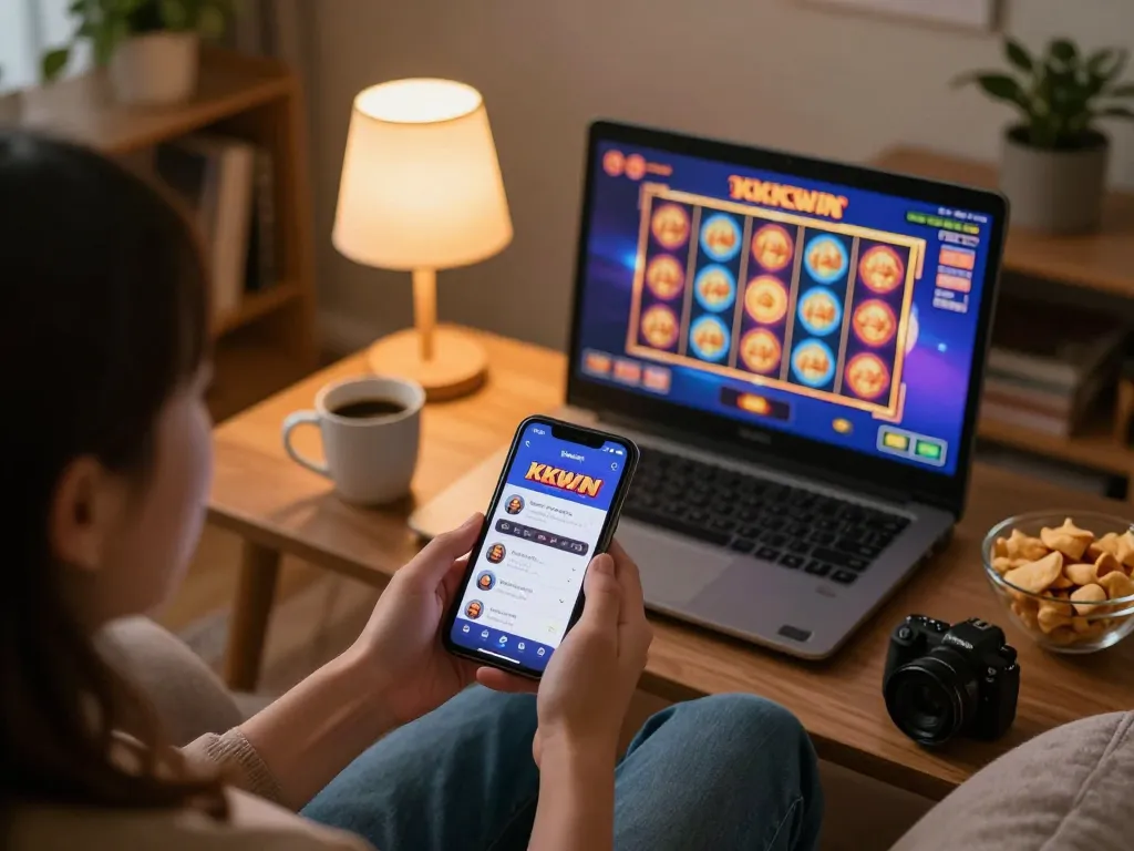 Engaging player using the KKWIN app for online gambling on a smartphone in a cozy setting.