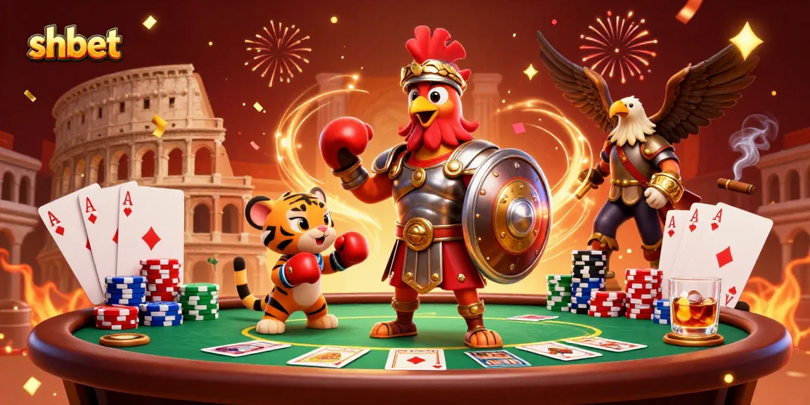 Experience exciting shbet action with a gladiator rooster and poker elements in vibrant 3D illustration.