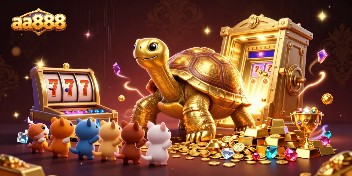 Engage with the vibrant world of aa888's casino games featuring a playful tortoise and treasure.