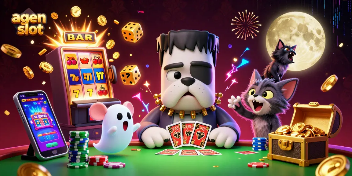 Memenangkan agen slot terbaik dengan ilustrasi menarik karakter kasino yang berwarna-warni beraksi di meja slot.