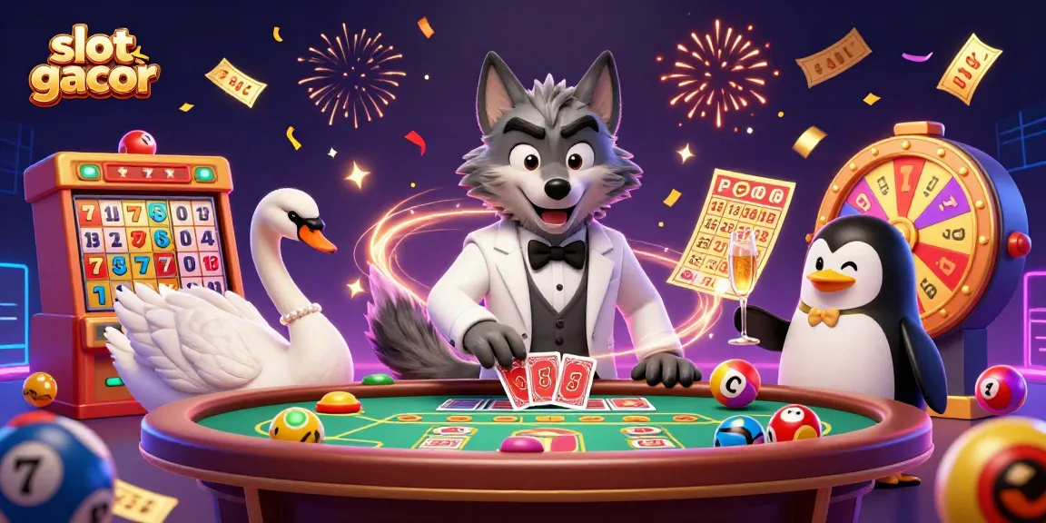 Experience thrilling slot gacor gameplay in a vibrant 3D scene with the debonair wolf and elegant characters.