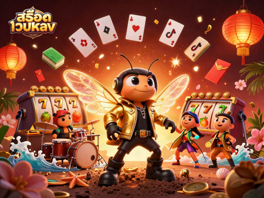 Experience the excitement with สล็อตเว็บตรง in this vibrant 3D casino illustration featuring music and luck.