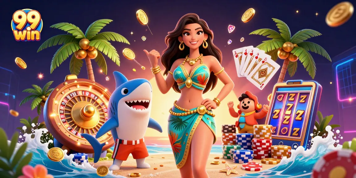 Engage in the thrill of winning with 99 win, featuring vibrant casino elements and a dynamic beach theme.