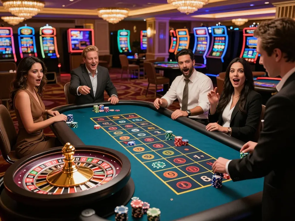Players enjoying the excitement of roulette at nhà cái 5679 in a luxurious casino atmosphere.