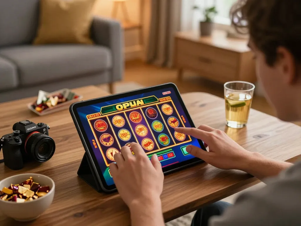 Player engaging with exciting slot graphics on their tablet in a cozy home scene, enjoying the thrill of 88AA COM gaming.