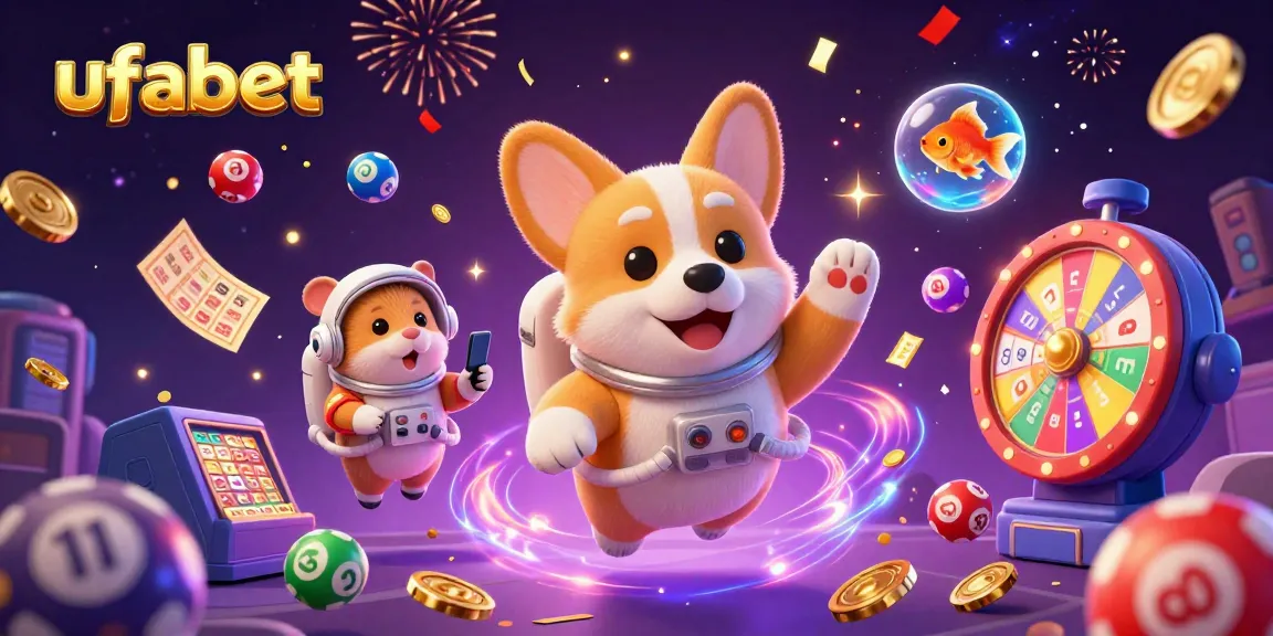 Experience ufabet's vibrant gaming scene with a 3D astronaut corgi amidst floating casino elements.