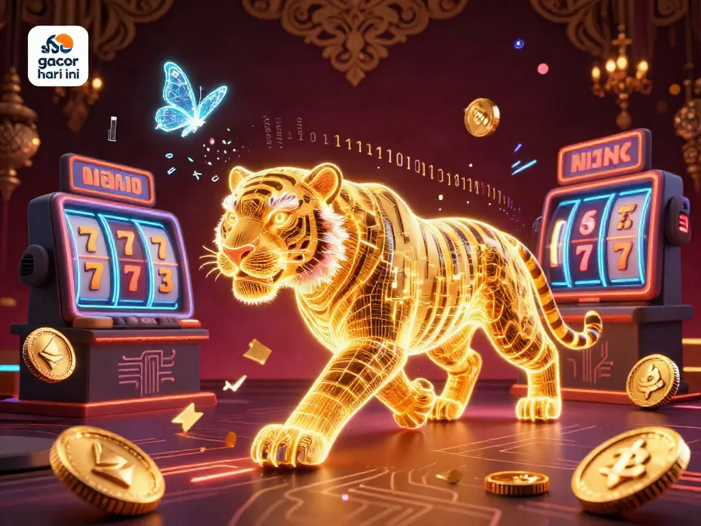 Memainkan slot gacor hari ini dengan jackpot yang bersinar dan karakter harimau neon yang megah.