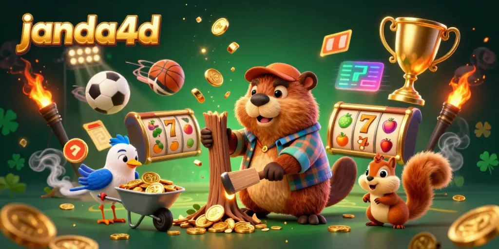 Gamer beraksi di janda4d dengan slot reels dan karakter mereka yang ceria membagi koin emas.