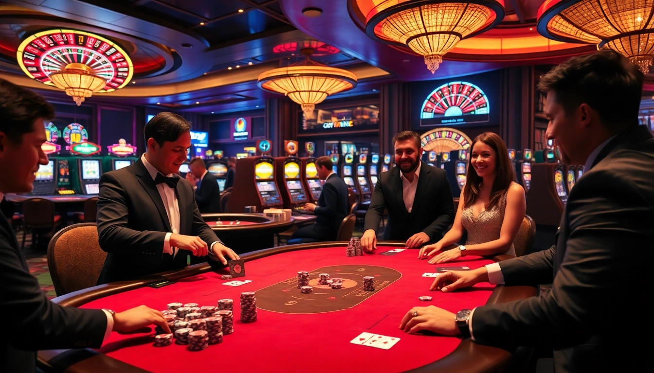 Engaging players at 79king high-stakes poker table with vibrant casino atmosphere.
