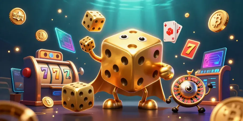 Permainan mahjong dengan golem dadu emas raksasa di lingkungan kasino yang terpenuhi elemen keuangan digital.