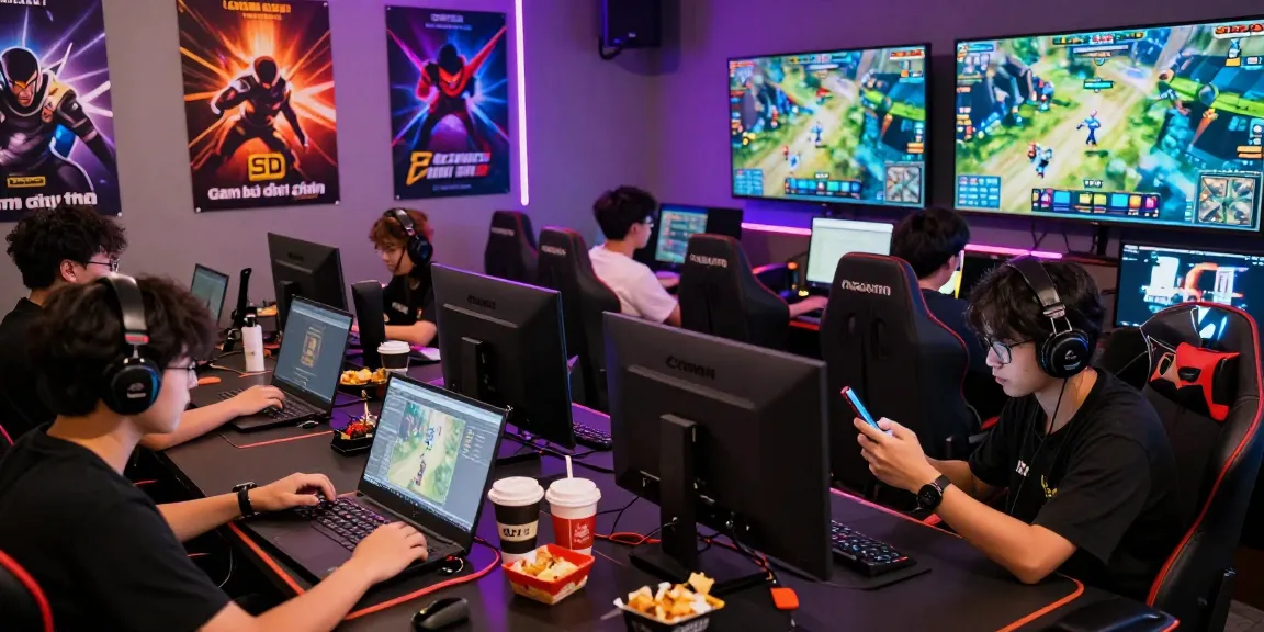 Players engaged at gaming lounge with colorful lights promoting https://gamebaidoithuong.is/ and online strategies