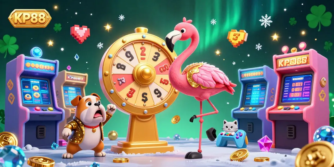 Spin the giant prize wheel at KP88, featuring a flamingo host, bulldog contestant, and interactive gaming elements in a vibrant casino atmosphere.