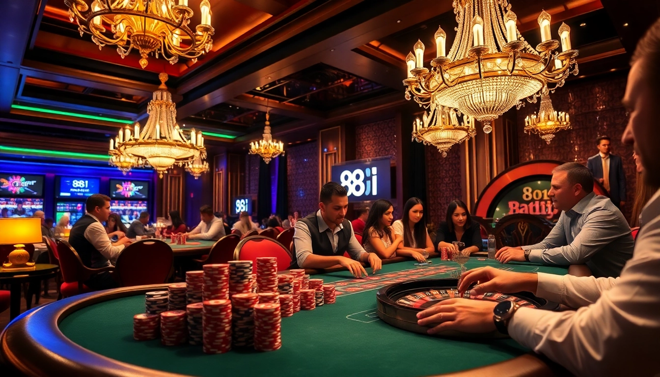 Players enjoy high-stakes poker at the luxurious 88I casino, showcasing excitement and strategy.