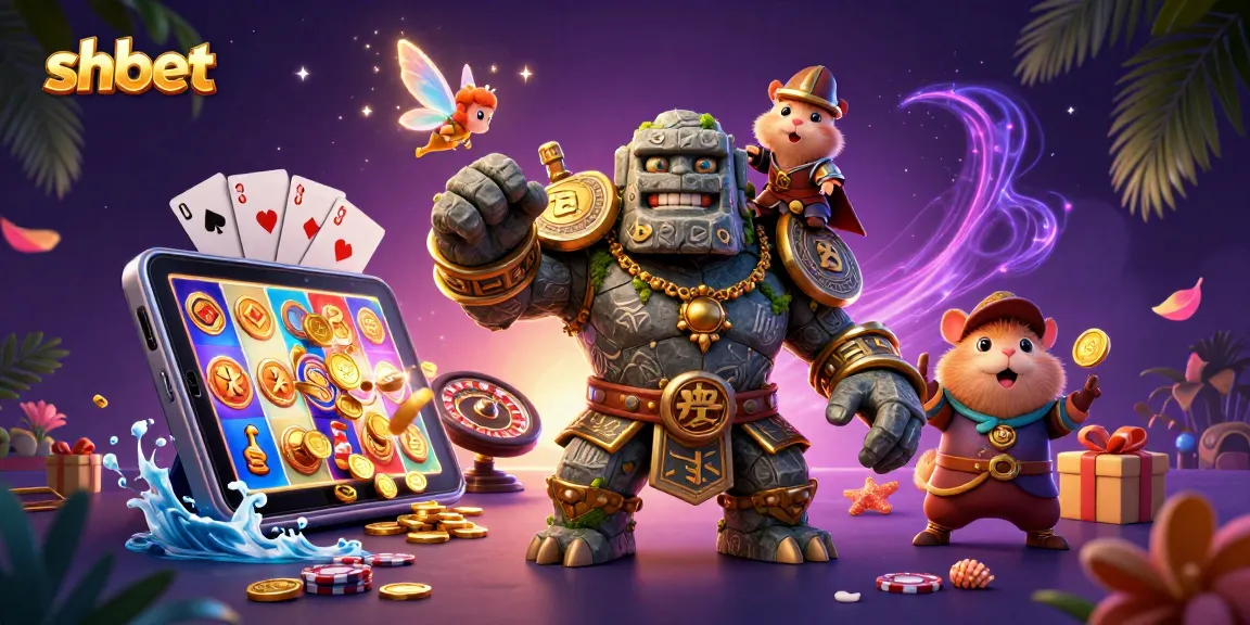 Experience exciting SHBET gaming adventures with a golem guardian and magical elements.