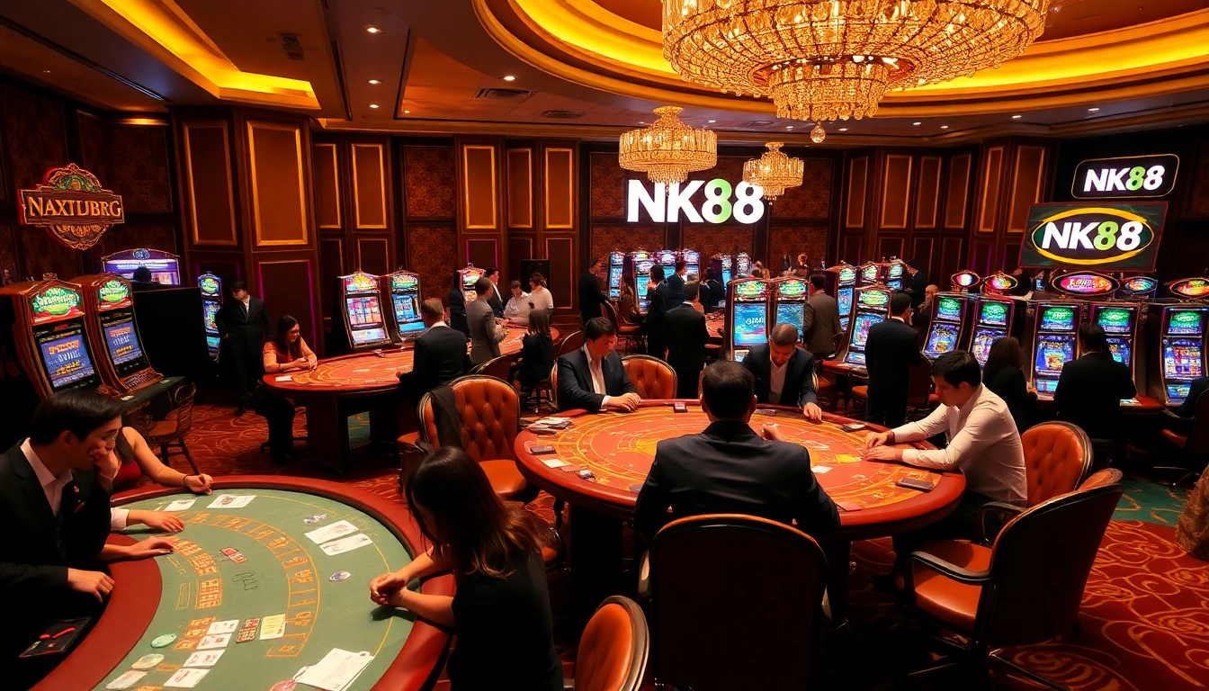 Experience thrilling gameplay at NK88 with vibrant casino elements like poker tables and slot machines.