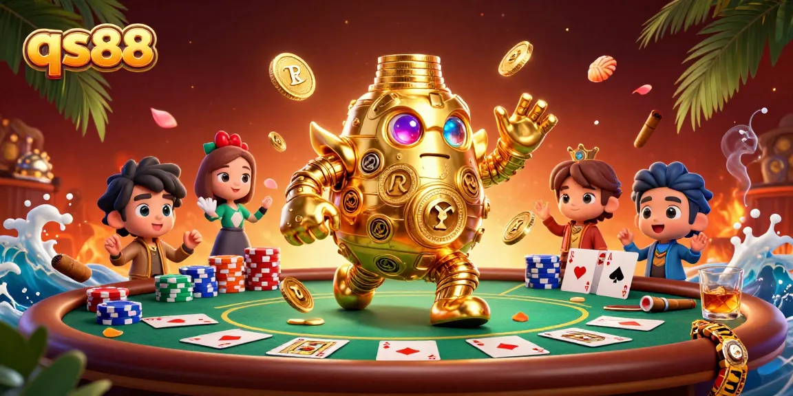 Experience thrilling moments with qs88, the dynamic golden golem amidst poker chips and vibrant casino elements.