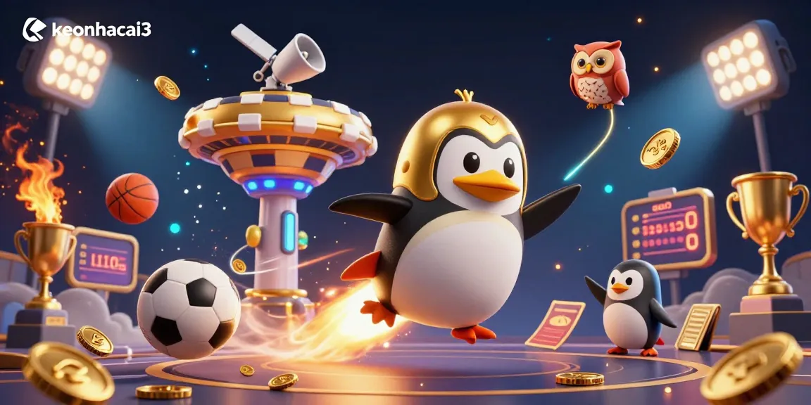 Experience the thrill of betting with keonhacai3, as a golden penguin rockets through the cosmos in a vibrant casino scene.