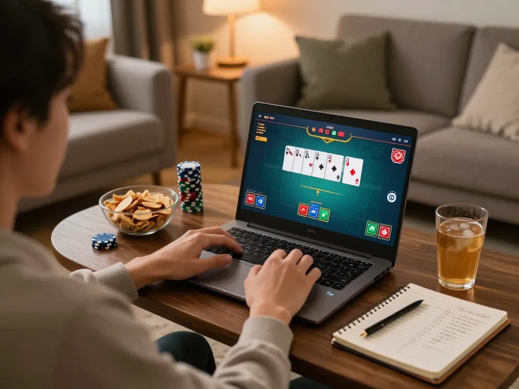 Engaging with RR88 SELECT gaming on a laptop, cozy atmosphere with strategic betting notes.