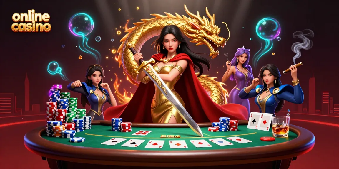 Engage in an exciting online casino scene with a warrior queen, golden dragon, and poker elements.