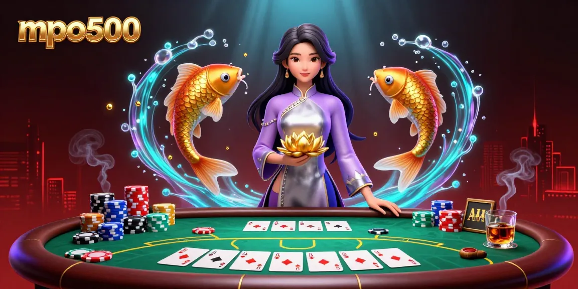 Engage with mpo500's vibrant 3D casino scene featuring a skilled player and dynamic poker elements.