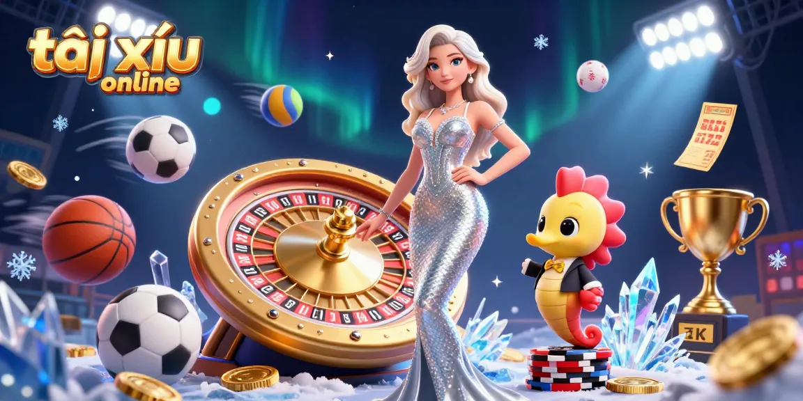 Engage in exciting gameplay with tài xỉu online, as a stunning woman stands beside a roulette wheel, surrounded by dynamic game elements.
