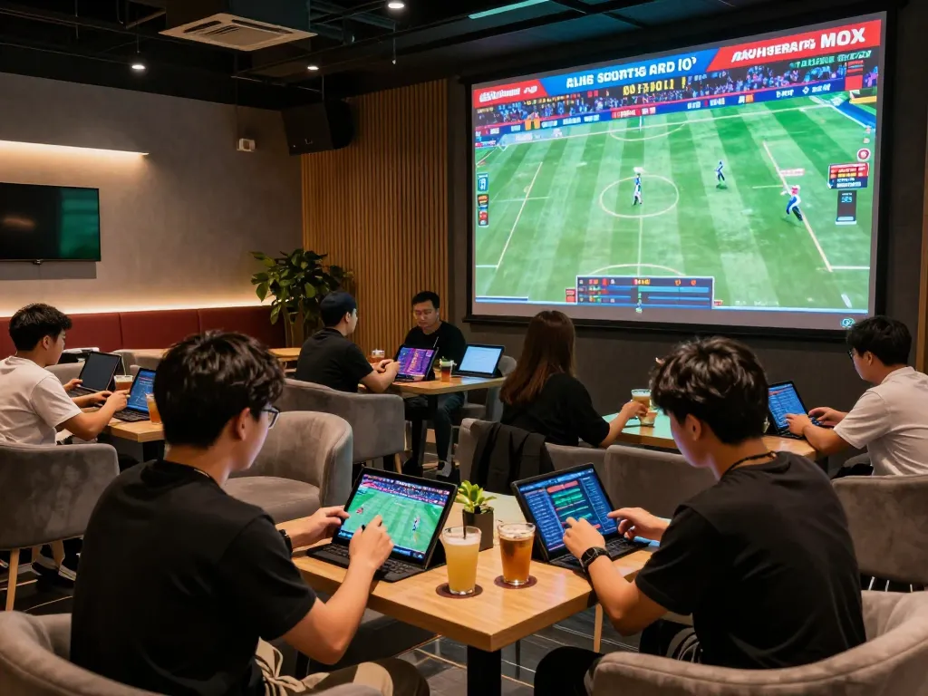 Engaged users placing bets on 98win98 in a stylish sports betting lounge with live events.