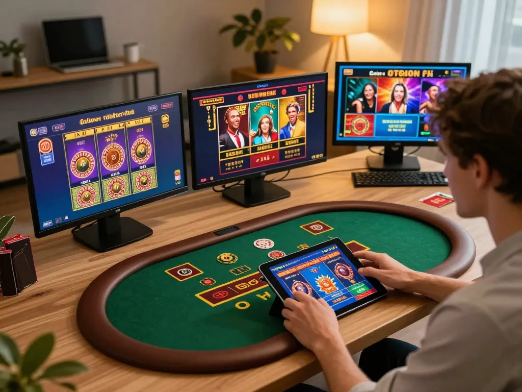 Okwin users engaging with their favorite online games, showcasing vibrant game screens and cozy home atmosphere.