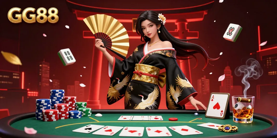 Engage with GG88's vibrant casino scene featuring a glamorous Asian woman amidst dynamic poker action and elegant designs.