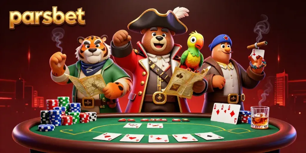 Parsbet ile canlı poker oyunu oynayan ayı kaptan ve tigere özel macera sahnesi.