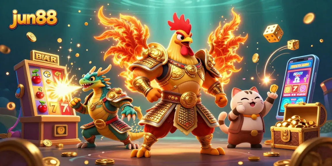 Experience winning moments with jun88's vibrant 3D illustration of a rooster and dragon in a jackpot scene.