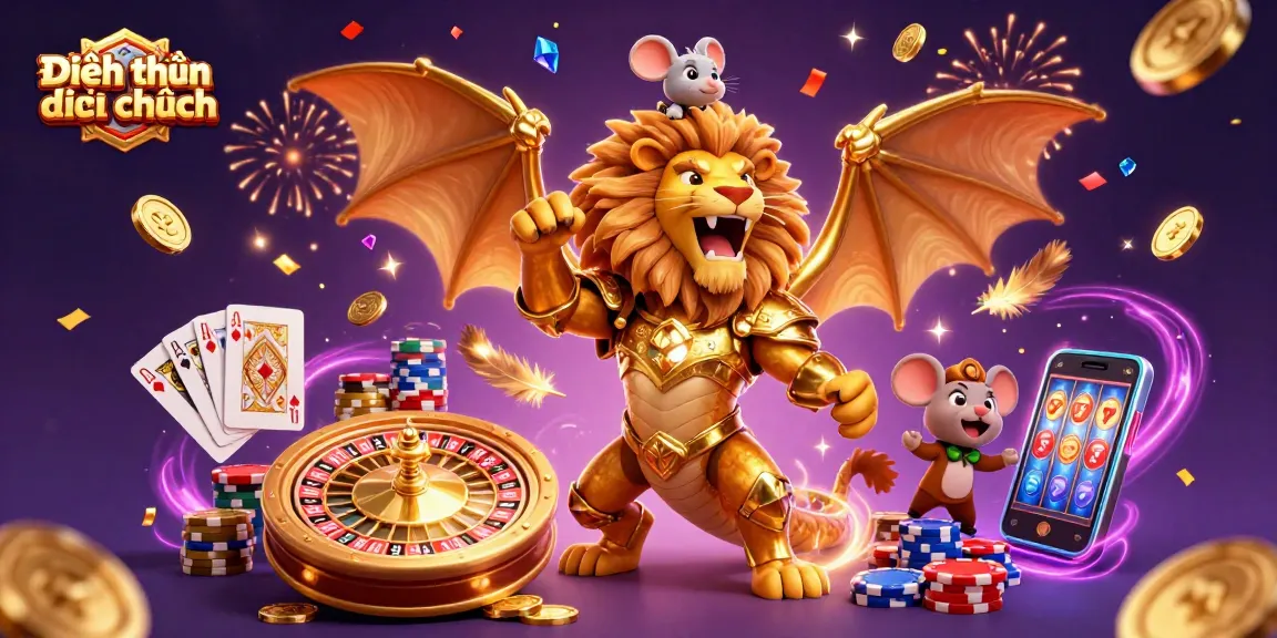 Engage with the thrilling game mechanics of Điều khoản điều kiện illustrated by a roaring chimera and casino elements.