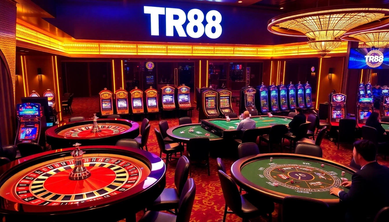 Engaging TR88 gambling experience at a luxury casino with poker tables and slots.