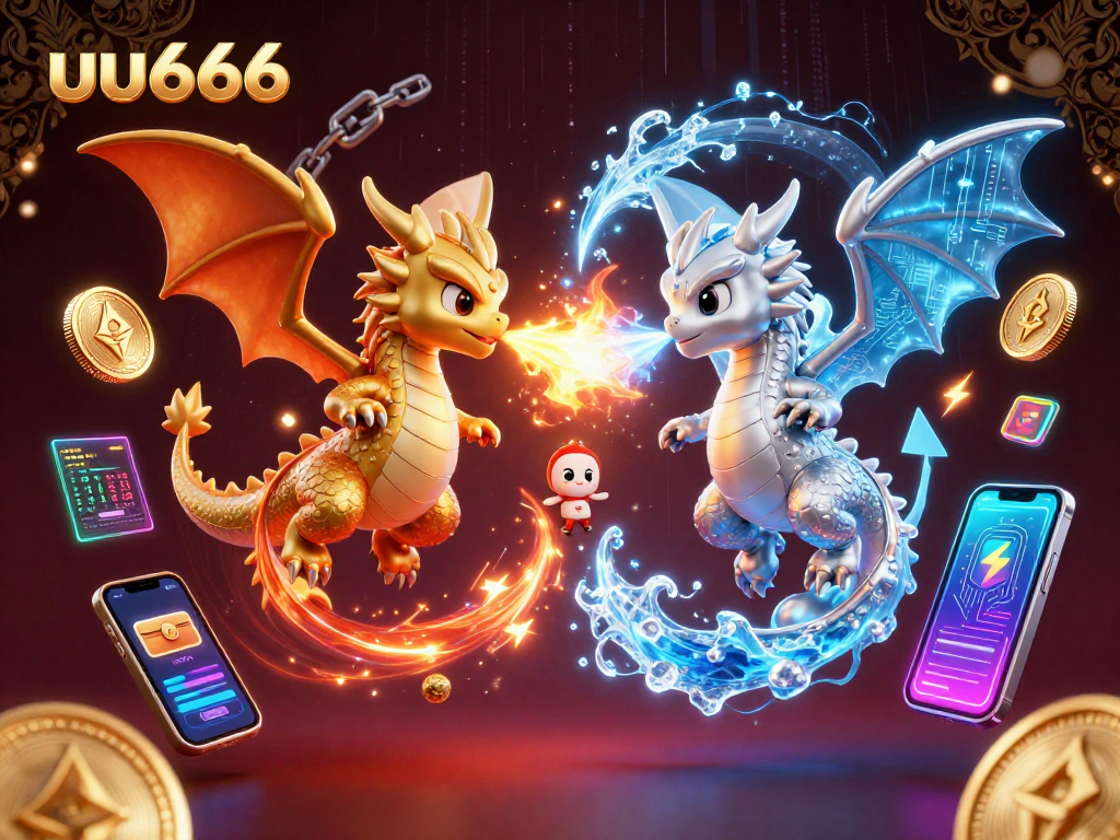 Experience epic wins with uu666 as gold and silver dragons battle amid crypto elements in a vibrant casino scene.
